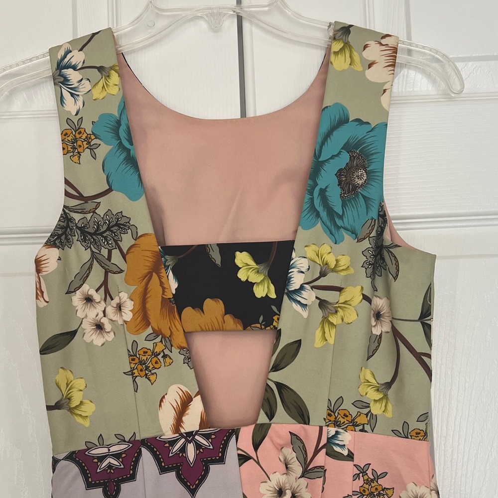 Vintage Anthropologie Floral Patchwork Midi Dress - Teal, Mustard & Pink Fitted